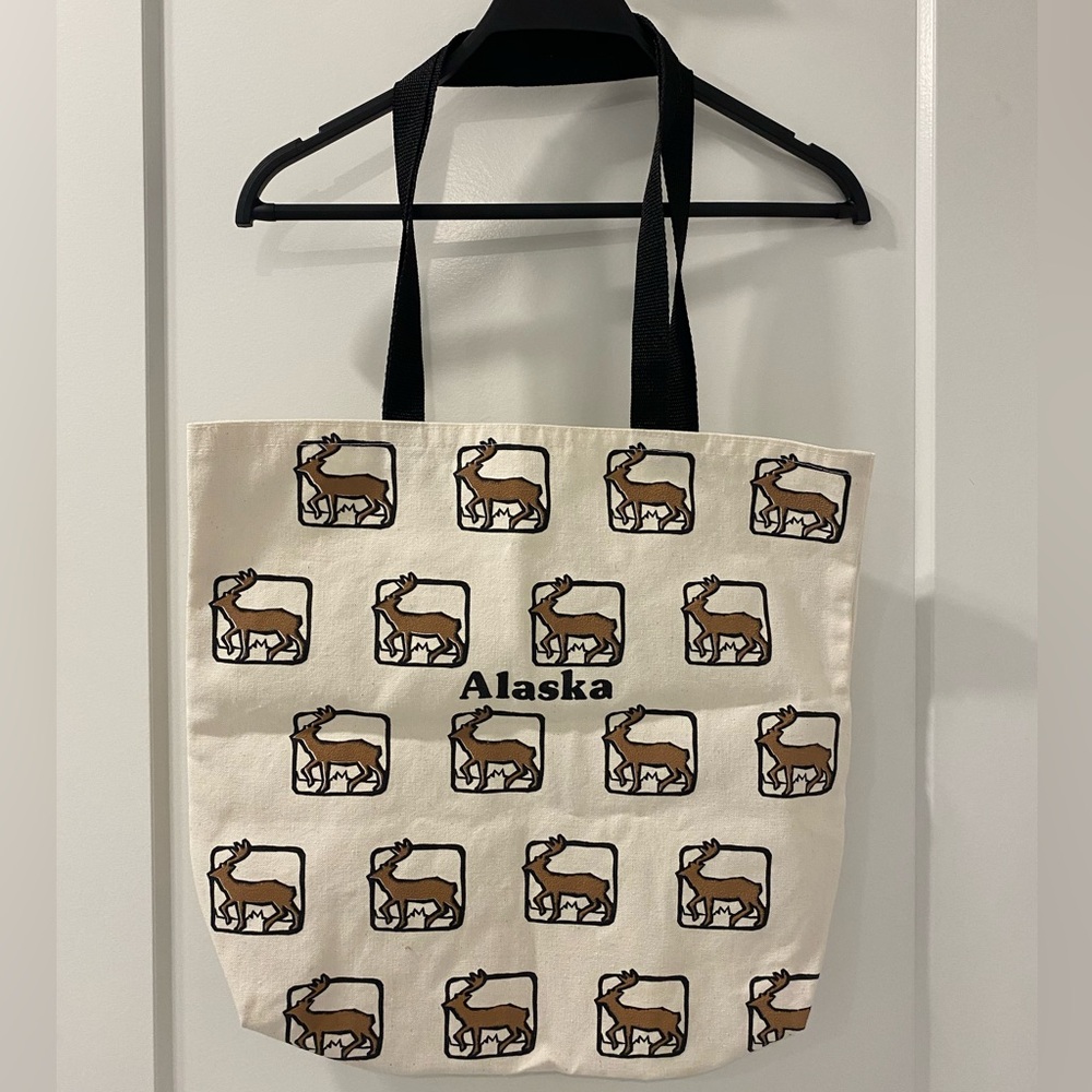 Super cute linen Alaska tote bag with moose design